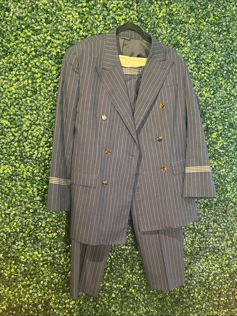 Jean Paul Gaultier Double-Breasted Navy Pinstripe Suit with Gold Buttons